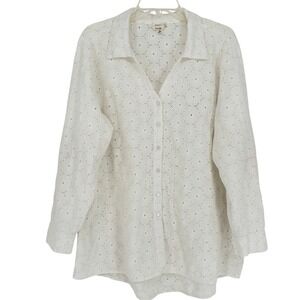 Nicole Miller Artelier Eyelet Cotton Tunic Top White 1X Button Up Boho Resort